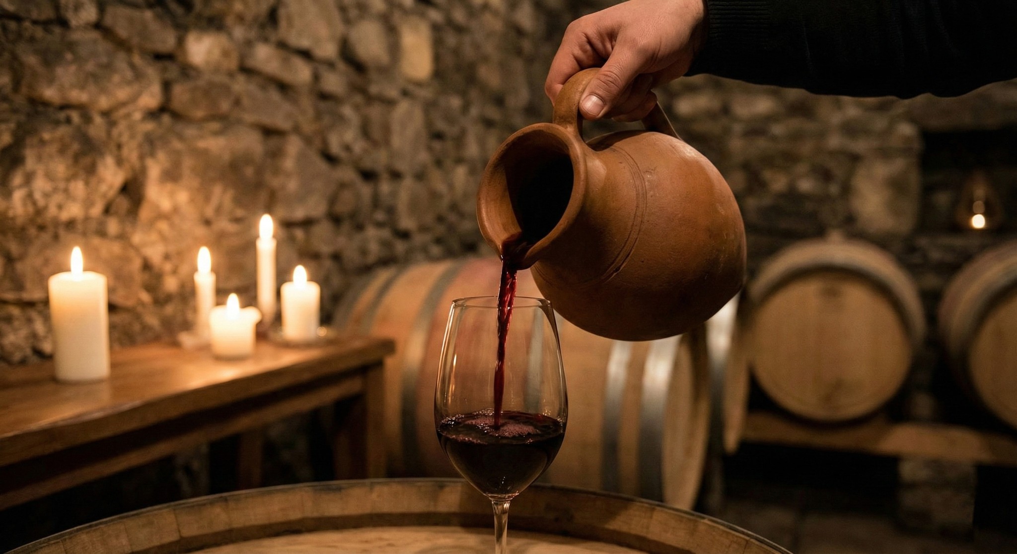 Georgian wine being poured from traditional qvevri